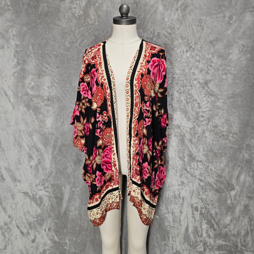 Angie Kimono Women Large Black Pink Floral Boho Open Front Rayon Cardigan Wrap